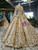 Floor-length gold sequin ball gown silhouette with hourglass waist and full skirt