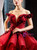 Close-up of the off the shoulder neckline and 3D flower embellishments on a burgundy prom gown