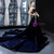 Sweeping long train on navy blue velvet ball gown prom dress