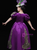 Purple Satin Puff Sleeve Appliques Drama Show Vintage Gown Dress