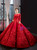 Dark Red Ball Gown Tulle Appliques Long Sleeve Backless Luxury Prom Dress