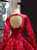 Dark Red Ball Gown Tulle Appliques Long Sleeve Backless Luxury Prom Dress