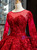 Dark Red Ball Gown Tulle Appliques Long Sleeve Backless Luxury Prom Dress