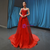 A-Line Red Satin Pleats Beading Backless Long Prom Dress