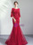 In Stock:Ship in 48 Hours Burgundy Mermaid Tulle 3/4 Sleeve Prom Dress