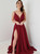 Burgundy Chiffon V-neck Backless Long Prom Dress With Side Split