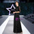 A-Line Black Sequins Half Sleeve Mother Of The Bride Dress With Sash