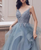 Blue V-neck Lace Appliques Tulle Spaghetti Straps Prom Dress