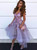 A-Line Purple Tulle Hi Lo V-neck Appliques Prom Dress