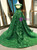 Green Ball Gown Lace Sequins Backless Cap Sleeve Prom Dress