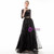 In Stock:Ship in 48 Hours Black Tulle Sequins 3/4 Sleeve Prom Dress With Sash