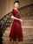A-Line Burgundy Tulle Sequins Short Sleeve Knee Length Mother Of the Brides Dress
