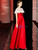 A-Line Red Satin Cap Sleeve Sequins Mother of the Bride Dress With Feather