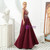 A-Line Burgundy Satin V-neck Backless Beading Prom Dress