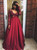 Sheer Bodice Burgundy Satin Deep V-neck Long Sleeve Evening Dress