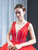 Red Ball Gown Tulle See Through V-neck Backless Beading Prom Dress