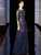 A-Line Navy Blue Tulle Sequins Appliques 3/4 Sleeve Long Mother of the Bride Dress