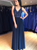 A-Line Navy Blue Chiffon Deep V-neck Lace Up Back Beading Prom Dress