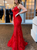 Red Mermaid Lace Deep V-neck Lace Up Back Prom Dress