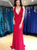 Red Mermaid Satin Deep V-neck Lace Up Back Prom Dress