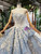 Blue Ball Gown Tulle Appliques Backless Cap Sleeve Wedding Dress