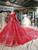 Red Ball Gown Tulle Sequins Long Sleeve Beading Wedding Dress With Long Train