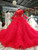 Red Ball Gown Tulle Long Sleeve High Neck Beading Wedding Dress