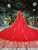 Queenly Red Ball Gown Tulle Long Sleeve Beading Wedding Dress 