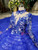 Blue Ball Gown Tulle High Neck Long Sleeve Beading Wedding Dress With Long Train