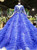 Blue Ball Gown Tulle High Neck Long Sleeve Beading Wedding Dress With Long Train