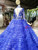 Blue Ball Gown Tulle High Neck Long Sleeve Beading Wedding Dress With Long Train