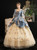 Yellow and Blue Square Ahort Sleeve Appliques Drama Show Vintage Gown Dress