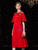 A-Line Red Satin Sequins Short Sleeve Mother Of The Bride Dress