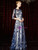 A-Line Blue Tulle Sequins 3/4 Sleeve Long Mother of the Bride Dress