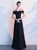 In Stock:Ship in 48 Hours Black Satin Off the Shoulder Short Sleeve Prom Dress