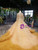 Yellow Ball Gown Tulle Tiers Cap SLeeve Backless Beading Wedding Dress With Shawl