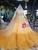 Yellow Ball Gown Tulle Tiers Cap SLeeve Backless Beading Wedding Dress With Shawl