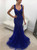 Backless Long Crystal Beaded Mermaid Evening Dress in Dark Royal Blue