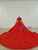 Red Ball Gown Tulle Lace High Neck Long Sleeve Beading Wedding Dress