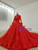 Red Ball Gown Tulle Lace High Neck Long Sleeve Beading Wedding Dress