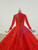 Red Ball Gown Tulle Lace High Neck Long Sleeve Beading Wedding Dress