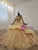 Gold Ball Gown Tulle Long Sleeve Appliques Backless Wedding Dress