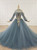 Dark Blue Ball Gown Tulle High Neck Long Sleeve Sequins Wedding Dress