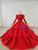 Red Ball Gown Tulle Long Sleeve Appliques Beading Floor Length Wedding Dress