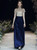 A-Line Blue Satin Short Sleeve High Neck Backless Prom Dress 2020