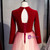 A-Line Red Velvet Tulle Long Sleeve Open Back Prom Dress