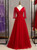 A-Line Burgundy Tulle V-neck Short Sleeve Beading Prom Dress 2020