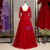 A-Line Burgundy Tulle V-neck Short Sleeve Beading Prom Dress 2020