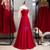 A-Line Burgundy Satin Short Sleeve Appliques Prom Dress