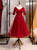 Burgundy Tulle V-neck Short Sleeve Lace Appliques High Waist Prom Dress 2020
